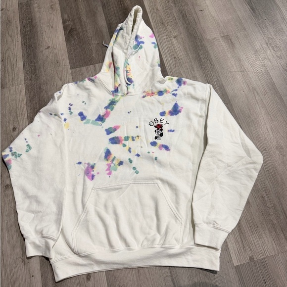 Obey White Tie Dye Printed Hoodie Large - Picture 2 of 8